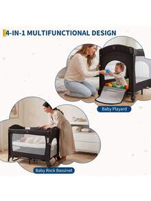 Soonbuy 4 In 1 Baby Playard, Portable Bedside Crib With Rocking Bassinet & Diaper Changer, Infant Pack And Play With Mattress, Newborn Changing Table - Black - View 7