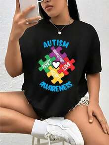 Autism Awareness Puzzle, 1 Piece, Women's Plus Size T-Shirt, Funny Graphic Print Short Sleeve Novelty 100% Cotton Crew Neck Casual 220g - 黑色 - 查看 8