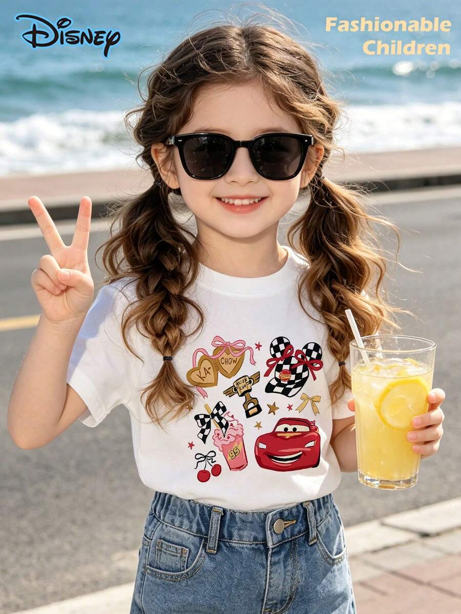 Disney Cars Print Summer Tops, Graphic Tee, Perfect For Cool Girls. Teen Girl Gift,Tween Summer Clothes,Comfortable And Breathable Children's Short-Sleeved T-Shirt. 180g Pure Cotton Children's Clothes,Suitable For Both Boys And Girls.Suitable For Daily Wear, Vacations, Outdoor Activities, And As A Children's Gift. - White - View 1