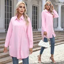 Oversized Solid Color Shirt, Women's Long Sleeve Button-Up Tunic Top With Side Slits - Hồng - Xem 1