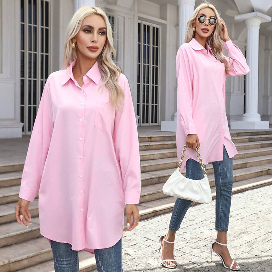 Oversized Solid Color Shirt, Women's Long Sleeve Button-Up Tunic Top With Side Slits - Hồng - Xem 1