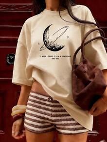 Universe And Dreams Theme Short Sleeve T-Shirt, Fashionable Short Sleeve T-Shirt For Spring And Summer 2026, Made In Mexico, 180 Grams. Cartoon Print, Couple Design, Suitable For Indoor Or Outdoor Wear. Crew Neck, Unisex, Ideal For Office And Leisure. One-Piece Pack. - APR-P631577SLNDXZGY481 - 查看 3
