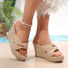 2026 New Woven Straw Rope Platform Wedge Casual Slide Sandals, Bowknot Design, Cross-Strap Open Toe Summer Outdoor Thick Bottom Slippers, Waterproof High Heel Sandals - Beige - View 3