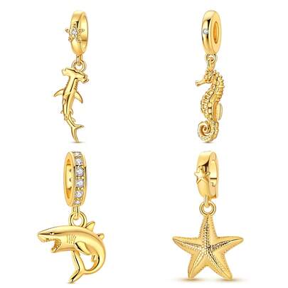 1pc Copper Plated Gold Ocean Animal Charm Bead, Shark/Seahorse/Starfish Dangle Charm, Fits European Bracelet, DIY Jewelry Making Accessory