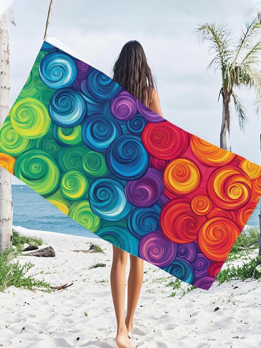 [Portable Quick-Dry Soft] Summer Absorbent Microfiber Beach Towel | 70*140/90*180cm With Storage Bag | Colorful Swirl Circle Pattern Print | Suitable For Swimming, Bathroom Decor, Beach Use, Camping, Fitness, Travel - Multicolor - View 1