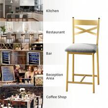Bar Stools Set Of 2,   High Back And Metal Footrest, Upholstered Large Seat Island Stools Bar Chairs For Dining Room Kitchen Bar - Gold - View 4