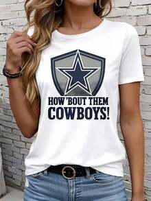 Camiseta suave 100% algodón, estilo casual para mujer, con diseño de texto "How Bout Them Cowboys" para fanáticos del fútbol americano. Ideal para primavera y verano, regalo perfecto para amantes de los deportes. 220g, camiseta de algodón transpirable, combina con todo. - Blanco - Ver 4