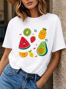 Camiseta de Verano para Mujer con Estampado de Frutas - Camiseta Gráfica de Sandía, Fresa, Aguacate y Kiwi, Corte Holgado, Manga Corta, Cuello Redondo Casual, Lavable a Máquina, Blusa Cómoda para Uso Diario en Primavera/Verano (Elasticidad Media). Adecuado como regalo. playera de mujer. blusas>elegantes.boho chic-Vintage Street Style Unisexoose Camiseta de algodón de manga corta con cuello redondo - Blanco - Ver 1
