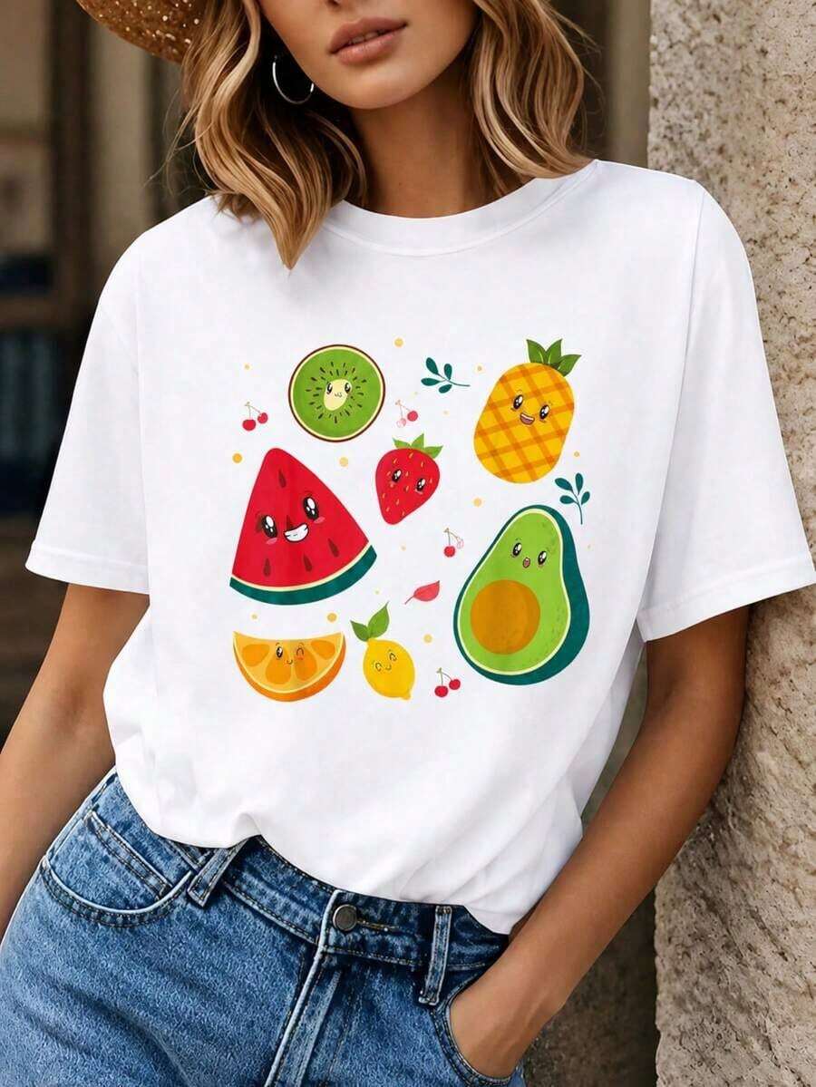 Camiseta de Verano para Mujer con Estampado de Frutas - Camiseta Gráfica de Sandía, Fresa, Aguacate y Kiwi, Corte Holgado, Manga Corta, Cuello Redondo Casual, Lavable a Máquina, Blusa Cómoda para Uso Diario en Primavera/Verano (Elasticidad Media). Adecuado como regalo. playera de mujer. blusas>elegantes.boho chic-Vintage Street Style Unisexoose Camiseta de algodón de manga corta con cuello redondo - Blanco - Ver 1