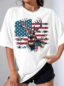 Camiseta de manga corta para niña, blanca, de talla grande, con estampado de bandera americana y ciervo, ropa casual de verano, para fiestas al aire libre, camiseta estampada informal de verano. - Blanco - Ver 1