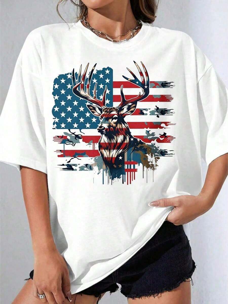 Camiseta de manga corta para niña, blanca, de talla grande, con estampado de bandera americana y ciervo, ropa casual de verano, para fiestas al aire libre, camiseta estampada informal de verano. - Blanco - Ver 1