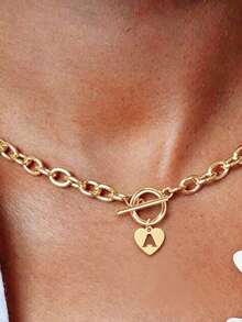 1 pieza Collar con colgante de letra en forma de corazón de acero inoxidable con cierre en T, uso de moda para mujeres en fiestas, evento de Ramadán - Estilo 3 - Ver 28