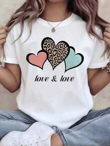 Playera Blanca de Mujer con Gráfico de Corazón de Leopardo y Letras LOVE, Camiseta de Estilo Boho Retro Aesthetic Manga Corta, Top Romántico Moderno, Blusa Casual de Moda EGNC - Multicolor - Ver 6