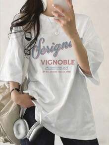 Women's Short-Sleeved T-Shirt, Personalized, Round Neck, Loose Fit, With Letter And Cartoon Print, Japanese Style, Spring/Summer, White, Urban Vintage Style, Cotton, Round Neck. - 白色 - 查看 4