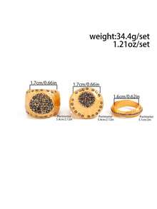 3pcs/Set Chunky Gold-Plated Seal Ring Set, Black Pave Crystal Personalized Stackable Rings, Vintage Textured Geometric Design Women's Daily Wear Jewelry - Gold - View 7