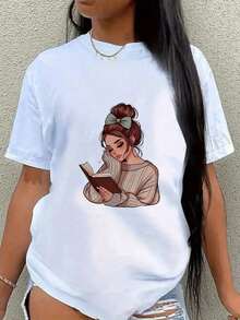 MinimalistUna camiseta de mujer con un diseño elegante de una dama leyendo, perfecta para de verano. casual, cómoda, suave, adecuada para actividades diarias al aire libre, fitness, y tiene un cuello redondo transpirable con mangas cortas.Women's Simple Solid Color T-shirt, Loose and Slim Fit Casual Short Sleeve - Blanco - Ver 1