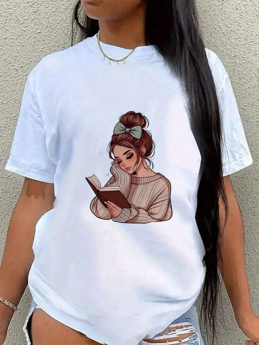 MinimalistUna camiseta de mujer con un diseño elegante de una dama leyendo, perfecta para de verano. casual, cómoda, suave, adecuada para actividades diarias al aire libre, fitness, y tiene un cuello redondo transpirable con mangas cortas.Women's Simple Solid Color T-shirt, Loose and Slim Fit Casual Short Sleeve - Blanco - Ver 1