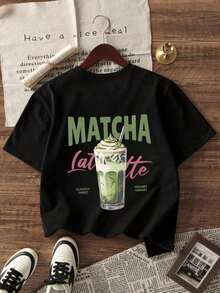 1 camiseta de manga corta con cuello redondo y corte holgado para mujer, con estampado gráfico temático de Matcha, Café Latte, adecuada para vacaciones, oficina, salidas, uso diario, citas, fiestas, reuniones, calle, festivales, festivales de música, Día de San Valentín y otras ocasiones festivas. Atuendo Elegante para Oficina de Mujer, Blusa Bonita, Conjunto Festivo para Mujer, Vestido para Cita Romántica, Blusa Casual Negra Elegante para Mujer - Negro - Ver 3