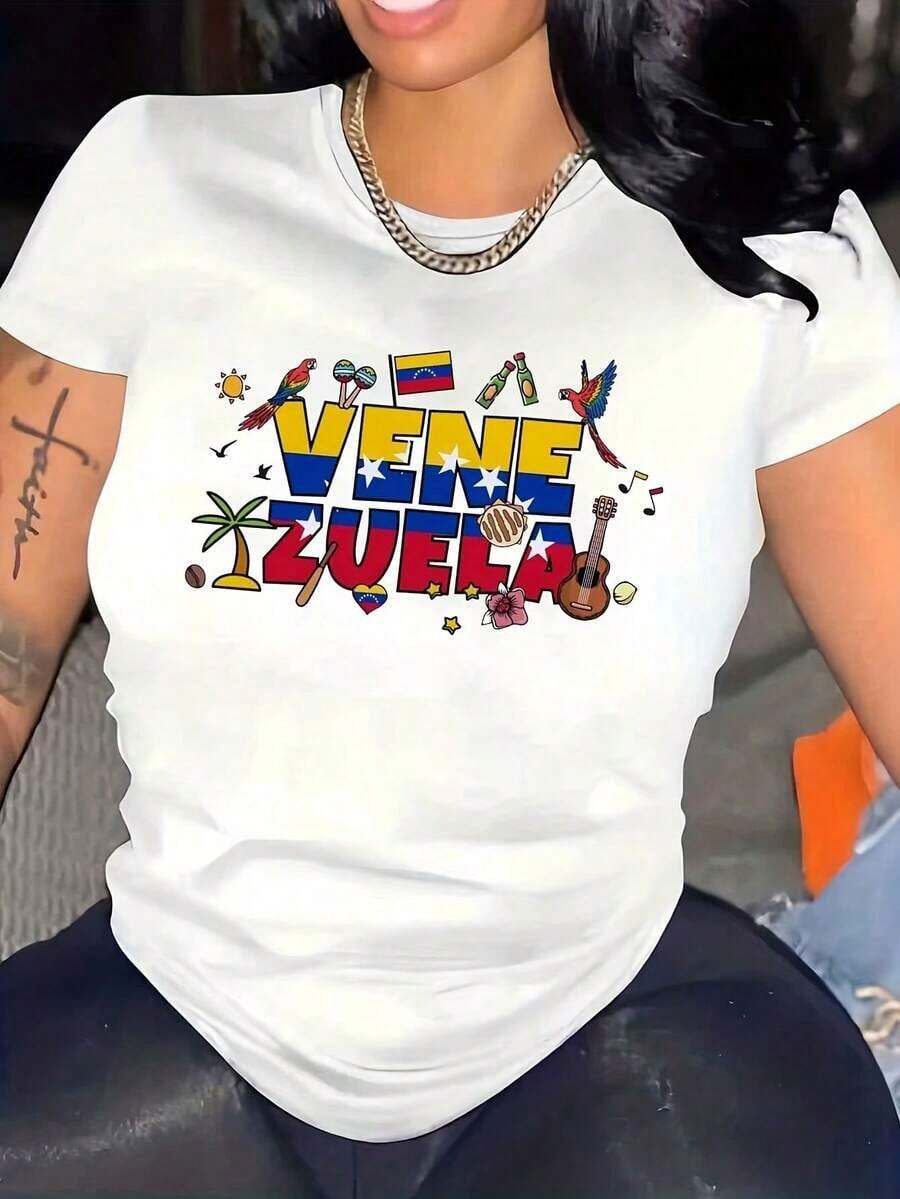 Minimalist Women's T-Shirt With A Print, Round Neck, Knit Fabric, 220 G/M², A Fashionable T-Shirt For All Seasons. Graphic Print T-Shirt, Short Sleeves, Round Neck, Casual Top For Summer And Spring, Women's Clothing, 220 G. Simple Solid Color T-Shirt For Women, Loose And Fitted Cut, Casual Short Sleeves. - 白色 - 查看 1