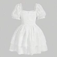 MOD Plus Size Ruched Bust Puff Short Sleeve Jacquard Dress,Valentine Day,Graduation Dress,Birthday Dresses For Women - Blanco - Ver 3