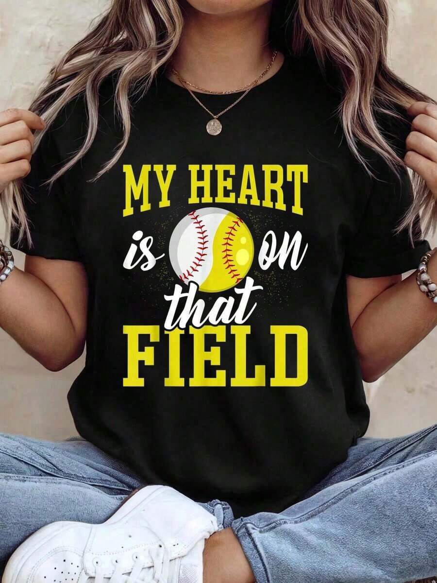 Mi Corazón Está En Ese Campo, Camiseta de Béisbol y Sóftbol para Mamá, Mujer, Esposa, Camisetas Gráficas para Mujer - Negro - Ver 1