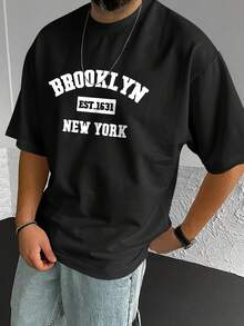 Men'S Brooklyn New York Letter Print Graphic Casual Short-Sleeve T-Shirt - 黑色 - 查看 1