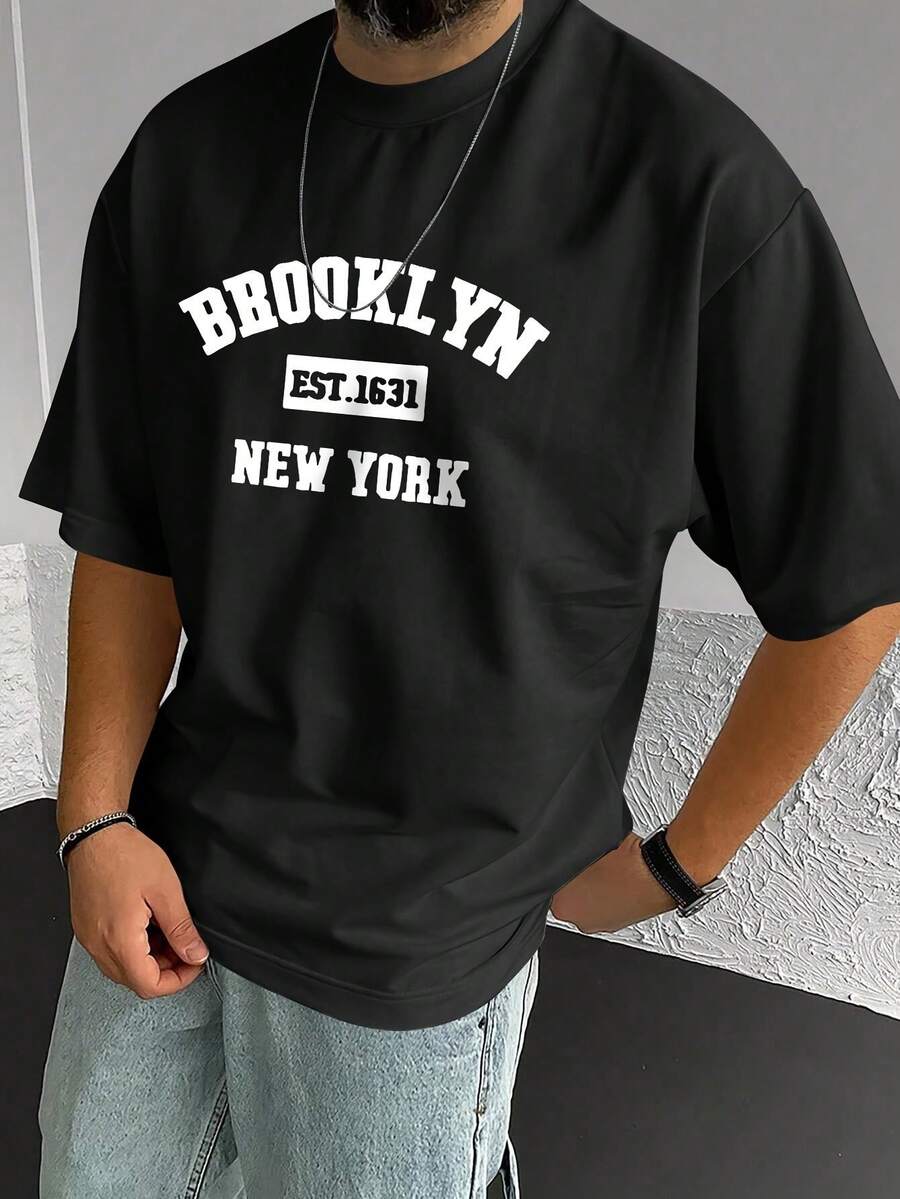 Men'S Brooklyn New York Letter Print Graphic Casual Short-Sleeve T-Shirt - 黑色 - 查看 1