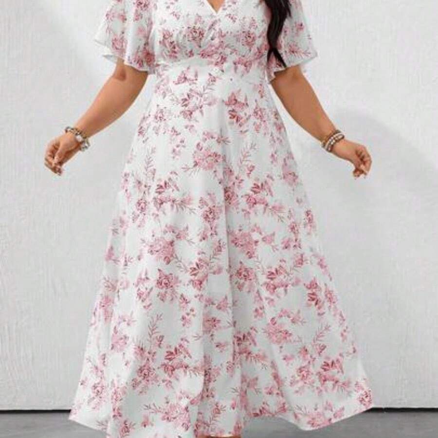 Clasi Loose V-Neck Batwing Sleeve Blue & White Ceramic Print Casual Holiday Plus Size Dress - Rosa - Ver 1
