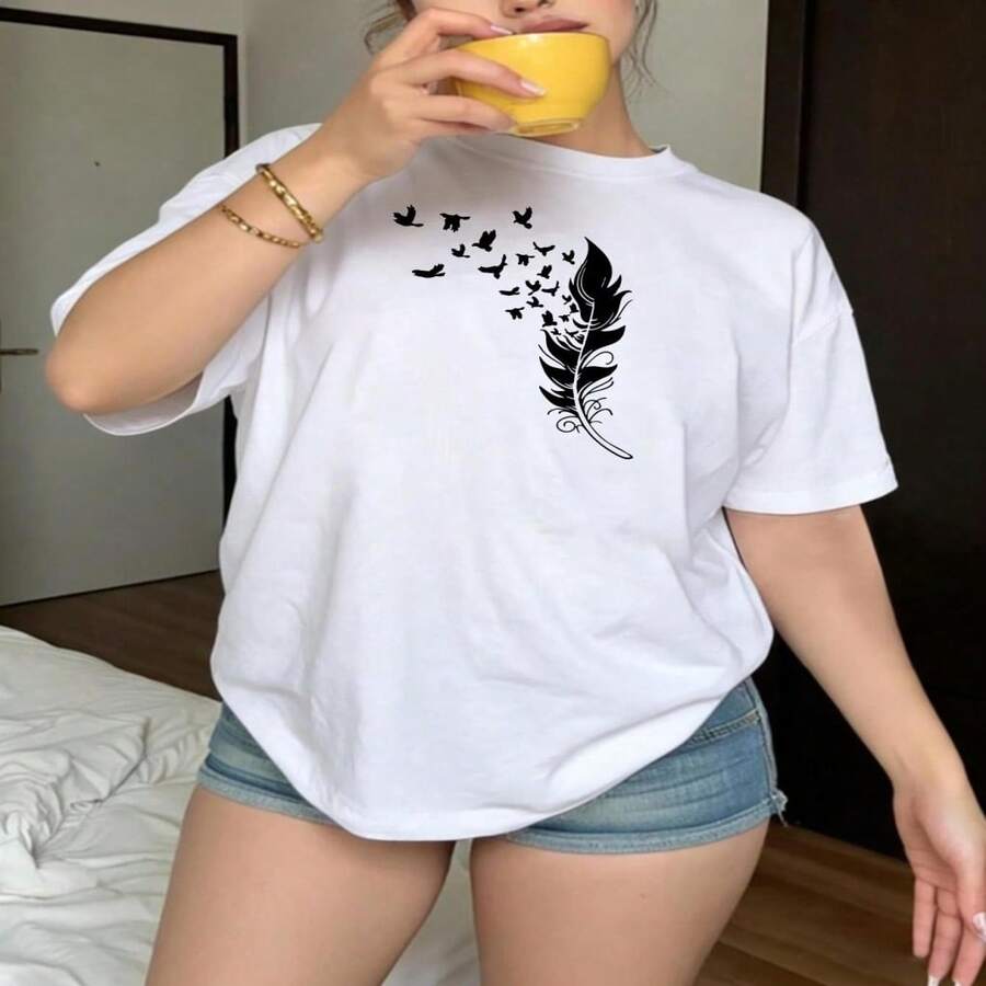 Womens Casual Cotton Short Sleeve Round Neck Feather and Birds Print Regular T-Shirt - Blanco - Ver 1
