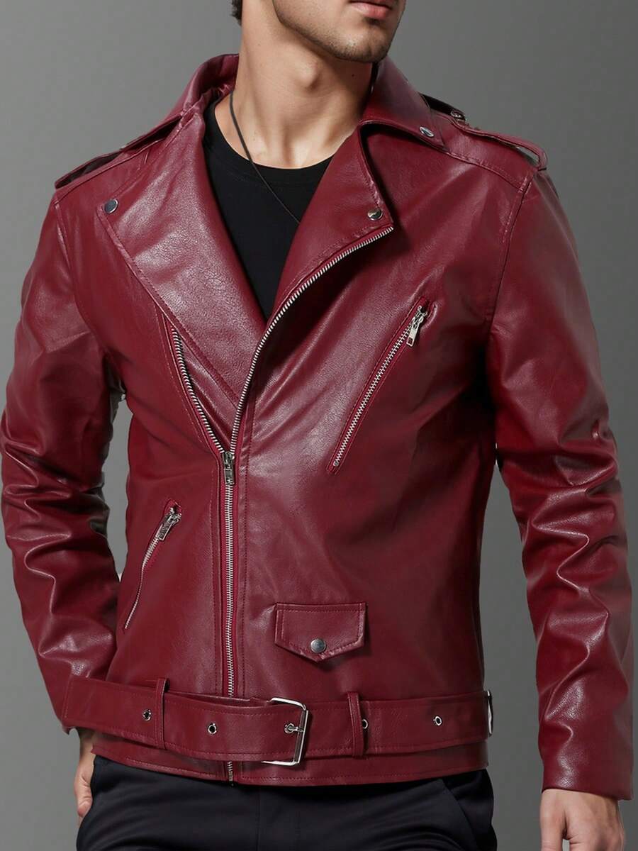 Men's Autumn Jacket In British Punk Style, Slim Fit, Lapel, Zipper And Bias Cut. - Burgundy - View 1