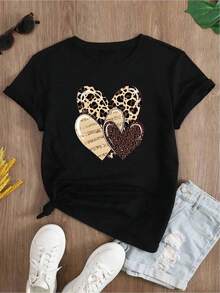 YOCASA Camiseta Casual de Verano para Mujer, con Cuello Redondo, Ajustada y Manga Corta, con Estampado de Pintura al Óleo, Floral, Corazón, Cereza y Patrones de Letras. Tejido Casual Simple, Estilo Deportivo, Ideal para Uso Diario y Citas de San Valentín. 1 pieza, 180G Pure Heavy, 95% Poliéster 5% Spandex. - Negro - Ver 2