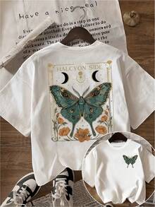 Women's T-Shirts, Summer Tops, Vintage Butterfly Pattern, Front And Back Print, Fashionable, Casual Round Neck Short-Sleeved Cotton T-Shirt, Women's T-Shirt - White - View 6