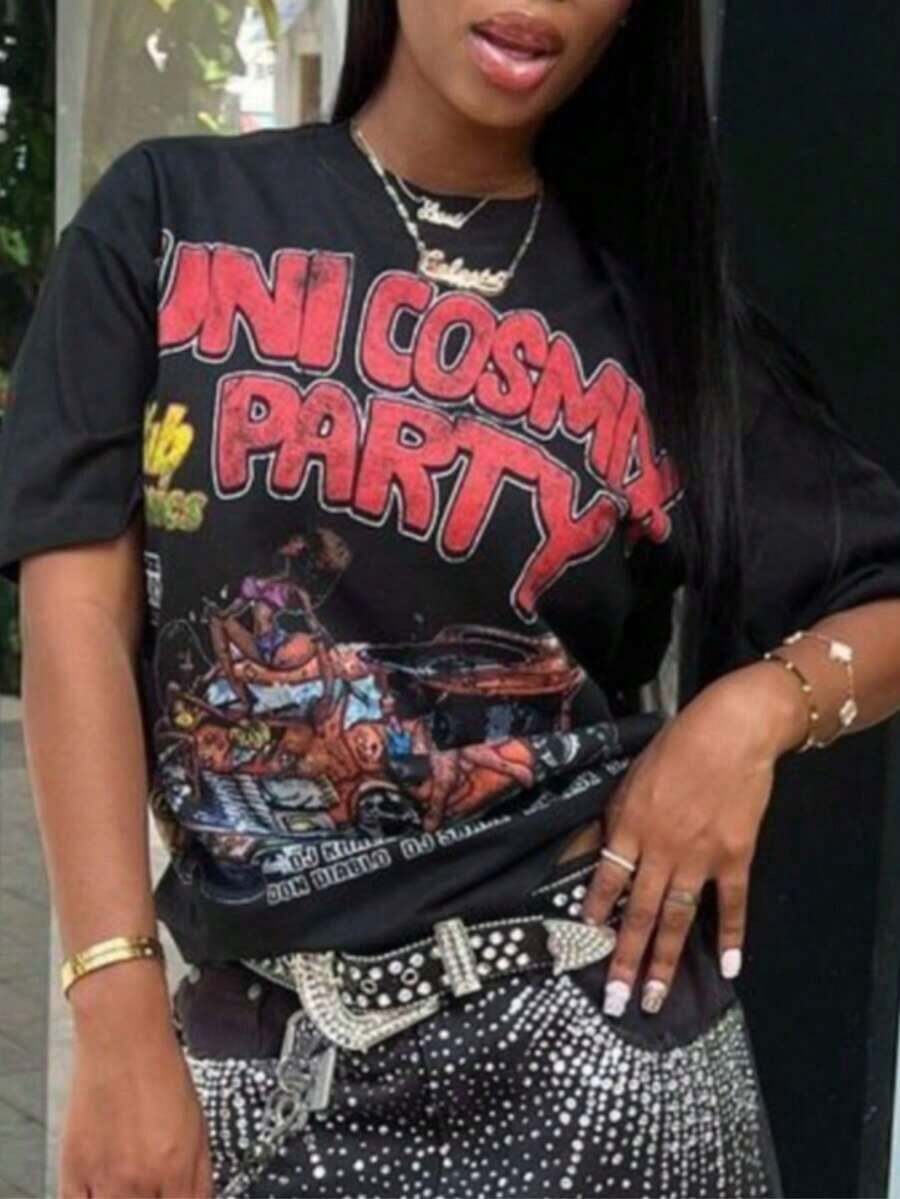 Camiseta de mujer "Uni Cosmic Party" con estampado gráfico psicodélico de dibujos animados, camiseta casual vintage de manga corta y cuello redondo, estilo Y2K estético retro, ropa de calle de moda, ligera, transpirable y cómoda para uso diario, ideal para festivales de música, fiestas de carnaval, salidas nocturnas, discotecas, patinetas, fines de semana casuales, regalo para entusiastas del streetwear y del arte retro. Cómoda y ligera. - Negro - Ver 1