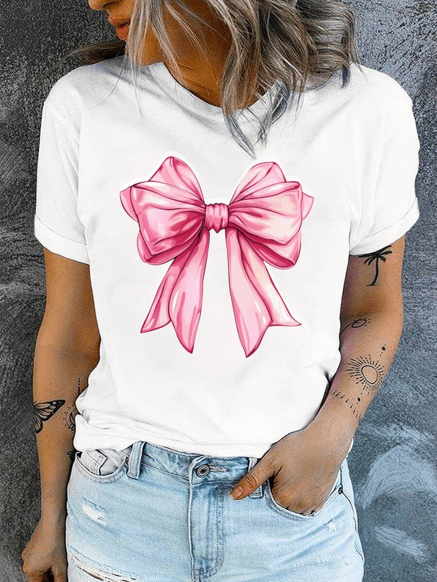 Camiseta Estampada para Mujer con Gráfico de Lazo Rosa - Camiseta Casual de Manga Corta y Cuello Redondo, Corte Relajado para Todas las Estaciones, Perfecta para Uso Diario y Vacaciones, Lavable aáquina. Camiseta Blanca. - Blanco - Ver 1