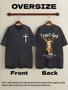 Unisex Vintage Washed Black Short-Sleeved T-Shirt With A Print, Featuring Faith In God, Angel, Cross, Bible Verse, Christian, Jesus, Forgive Them, Father. Vintage Washed Gothic Style Short-Sleeved Loose-Fitting T-Shirt For Men And Women - Unisex Cotton Short-Sleeved Crew Neck Urban Vintage Style T-Shirt. - 黑色 - 查看 7
