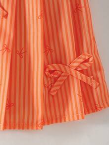 Conjunto de 2 piezas de top de punto acanalado de cuello en V blanco + falda con estampado de lazo a rayas verticales para niñas, adecuado para uso diario, actividades al aire libre y diversas ocasiones, primavera/verano - Naranja - Ver 5