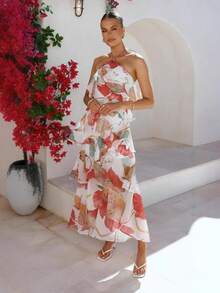 Vestido largo de gasa con estampado hombros al descubierto elegante para fiesta - Rosa Fucsia - Ver 1