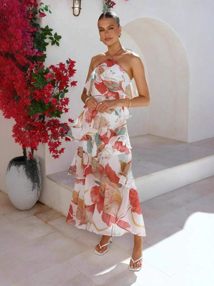 Vestido largo de gasa con estampado hombros al descubierto elegante para fiesta - Rosa Fucsia - Ver 1