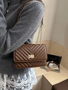 1件装女士棕色绗缝链条包，仿皮翻盖斜挎包，旋扣小号单肩手提包，适合通勤和休闲装扮 - 棕色 - 查看 2