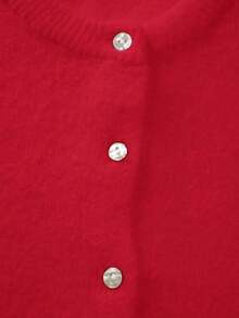 Cárdigan de punto con cuello redondo y diseño retorcido para mujer, chaqueta de suéter de color gris claro sólido y casual, blusa de primavera - Rojo - Ver 7