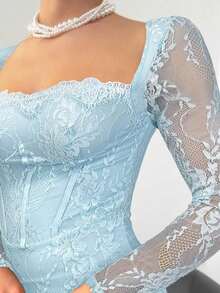 Vestido negro ajustado hasta el suelo con cuello corsé ahuecado y mangas largas con encaje en forma de S sexy para mujer para fiestas, citas y banquetes de otoño/invierno nuevo - Celeste - Ver 6