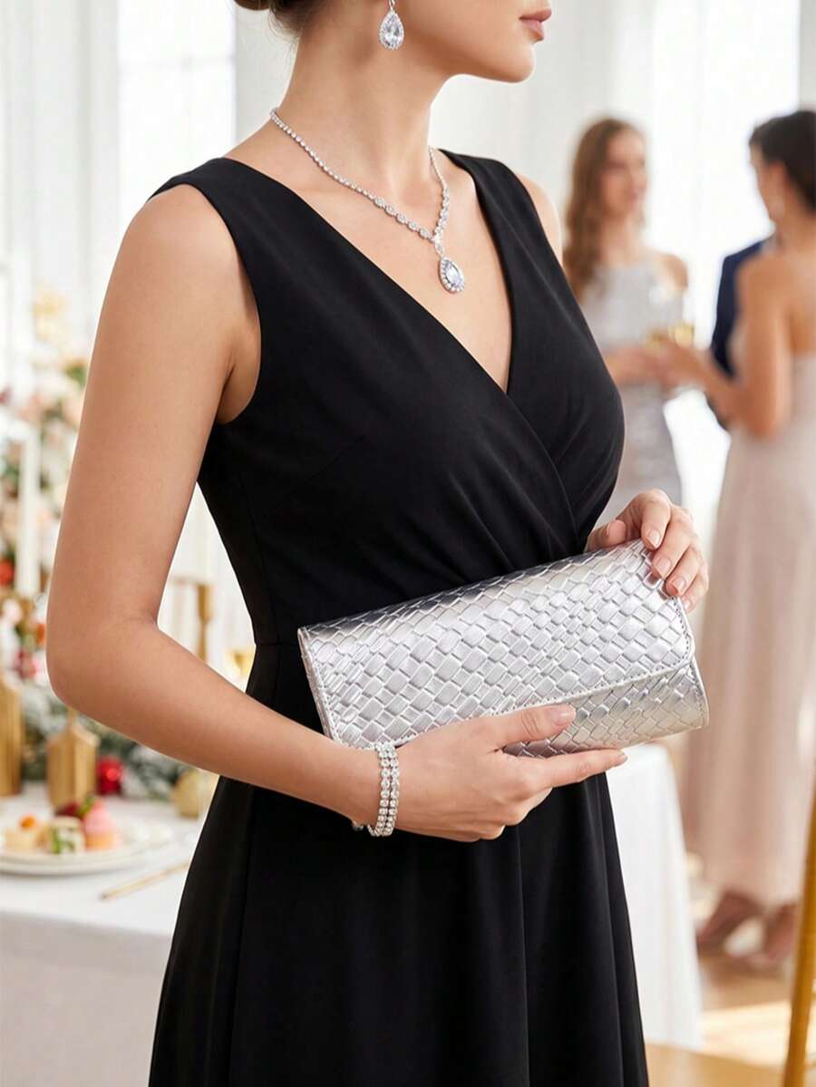 1pc Silver Woven Texture Mirror PU Clutch Bag, Smooth Body Is The Perfect Fusion Of Elegance And Fashion, Suitable For Wedding/Party/Prom/Banquet