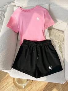 Conjunto casual de camiseta con estampado bordado de corazón y shorts de cintura elástica para mujer, adecuado para deportes al aire libre, regalo para mujeres, hermanas, mamá, Día de la Madre, Día de San Valentín - Multicolor - Ver 6