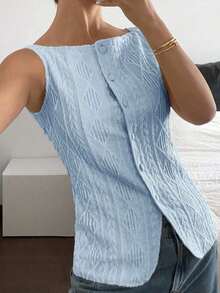 Camisa casual sin mangas de mujer con textura geométrica y abotonadura sencilla, con tela con textura geométrica y microfibra elástica, top ajustado para mujer, elegante y de moda para ir al trabajo, top camiseta casual y sencilla para todos los días, primavera/verano, top sin mangas, blusas de estilo antiguo, ropa occidental para mujer - Azul - Ver 4