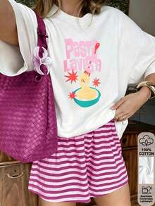 Camiseta para Mujer con Estampado de Comida, Cuello Redondo, Manga Corta, Diseño Oversized, Ideal para Streetwear - Negro - Ver 9