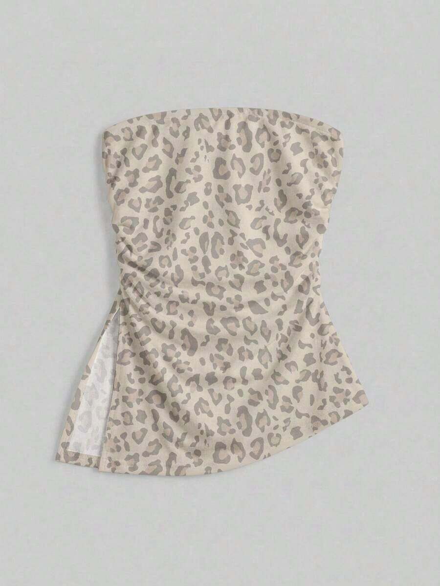 Top bandeau ajustado minimalista casual de mujer, bajo asimétrico, estampado de lunares, conjunto de verano - Multicolor - Ver 1