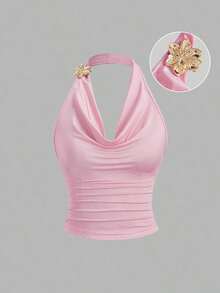Sweetro Top corto sin mangas con cuello de volantes inspirado en el estilo vintage, con diseño de cintura plisada, moda de verano para mujer - Rosa - Ver 1