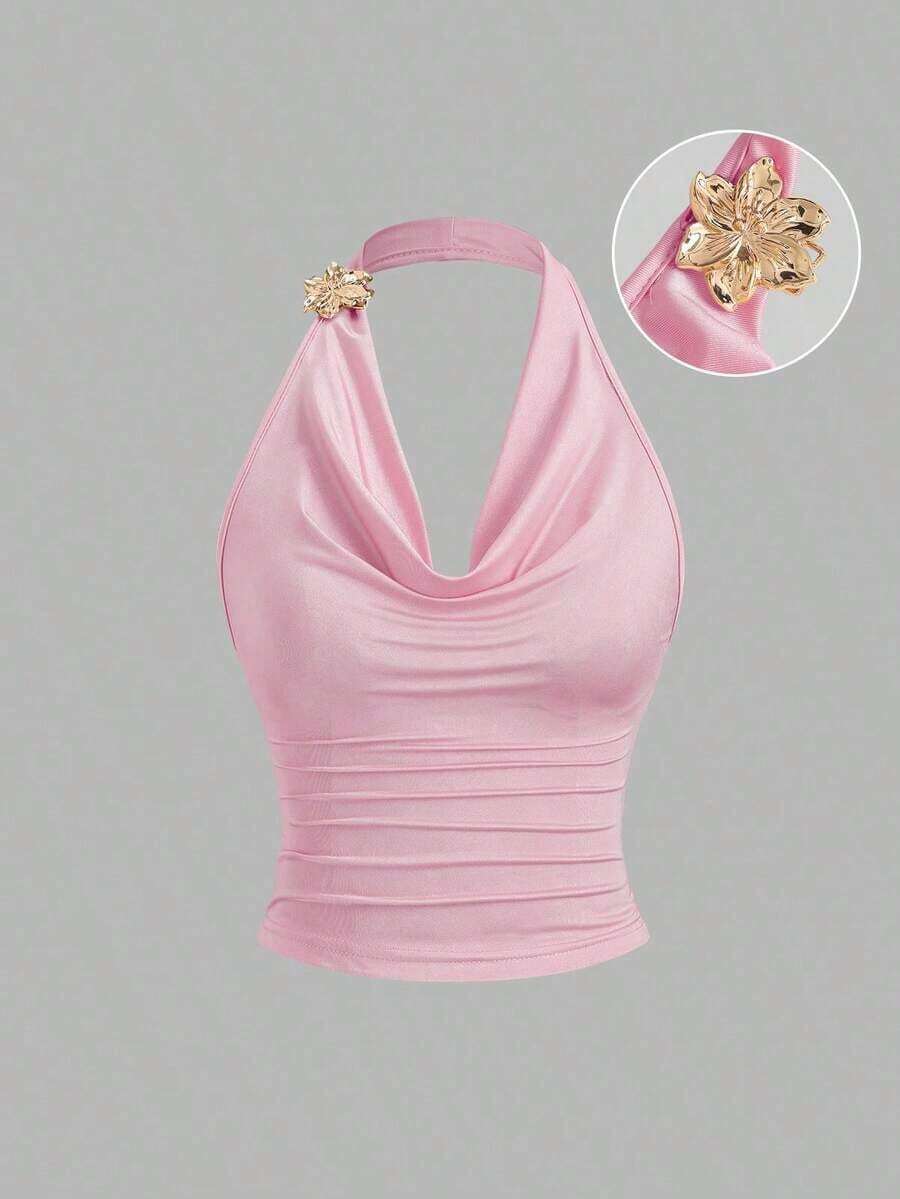 Sweetro Top corto sin mangas con cuello de volantes inspirado en el estilo vintage, con diseño de cintura plisada, moda de verano para mujer - Rosa - Ver 1