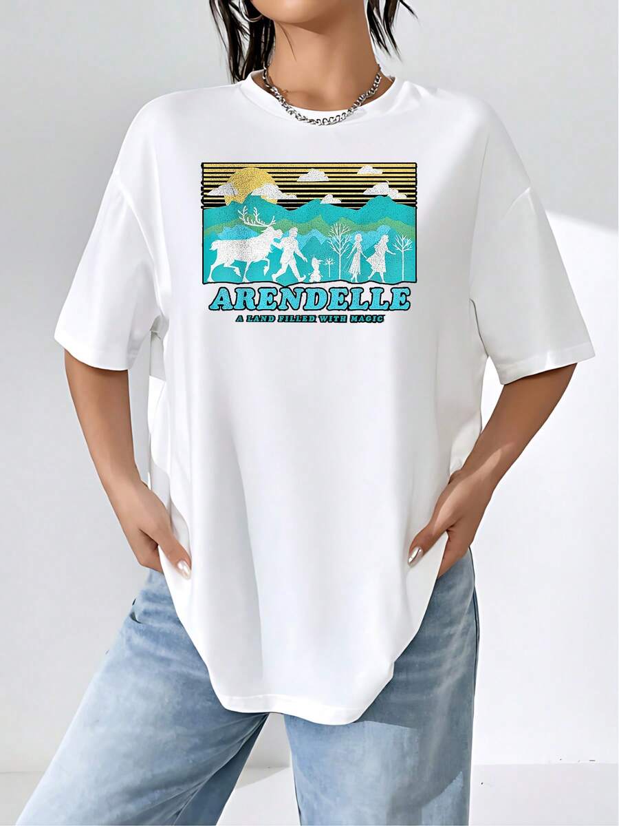 Magical Landscape With Golden Mountains And Silhouettes Walking Among Trees Under Bright Clouds That Evoke Freedom And Fantasy. Comfortable Casual Women's T-Shirt With A Print Inspired By Adventure And Nature. - 白色 - 查看 1
