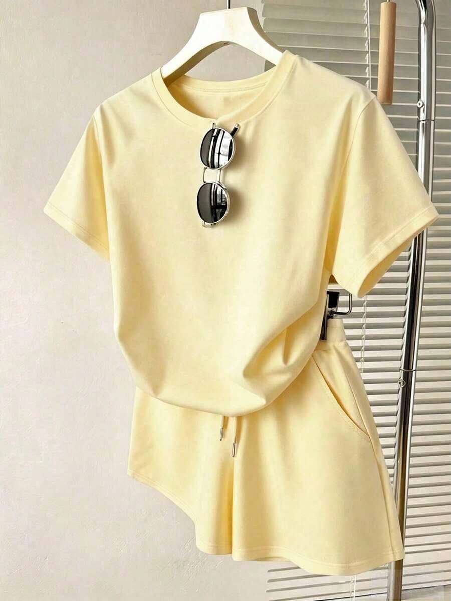 Conjunto de 2 piezas para mujer, top holgado de manga corta, shorts holgados cómodos, conjunto a rayas, bordado de limón, éxito de de verano - Multicolor - Ver 1